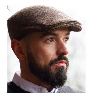 Hanna Hats Donegal Tweed Flat Cap Cap 100% Wool Size M Brown Ireland